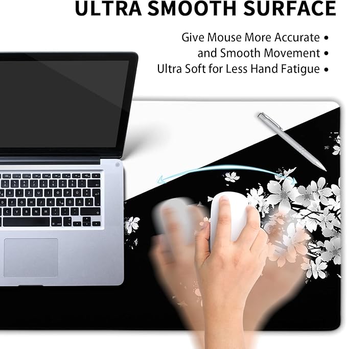 Black White Cherry Blossom Mouse Pad Japanese Sakura Death Life Flower Extended Desk Mat 90X40 CM Non-Slip Rubber Base Stitched Edge Large xxl Playmat for Gaming Laptop Computer Desktop 35.4×15.7 Inch