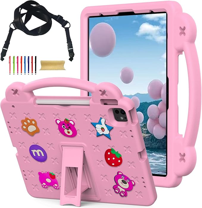 Cute Kids Case for Apple iPad Air 13" M4 M3 M2 2026 2025 2024/ iPad Pro 13 2025 2024/ Pro 12.9 2022/2021/2020/2018, DIY Figures Kickstand EVA Handle Case with Shoulder Strap Shockproof Cover,Pink