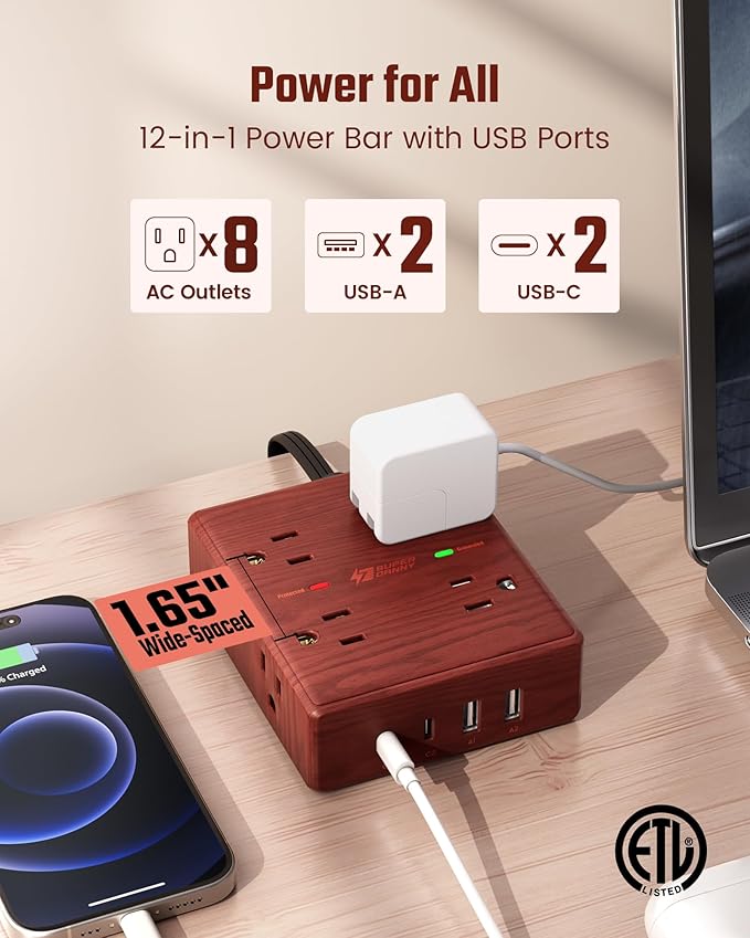 Brown Extension Cord 10Ft, Flat Plug Power Strip Surge Protector, 8 Outlet 4 USB Ports (2 USB C), Wall Mountable, Decorative Wood Charging Station for Home Office Desk Accessories —Wood Grain