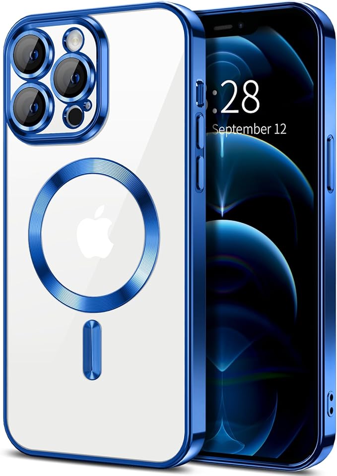 Hython Magnetic Clear for iPhone 12 Pro Max Case with Camera Lens Protector [Compatible with MagSafe] Plating Edge Slim Soft TPU Cover Protective Phone Case for iPhone 12 Pro Max 6.7", Deep Blue