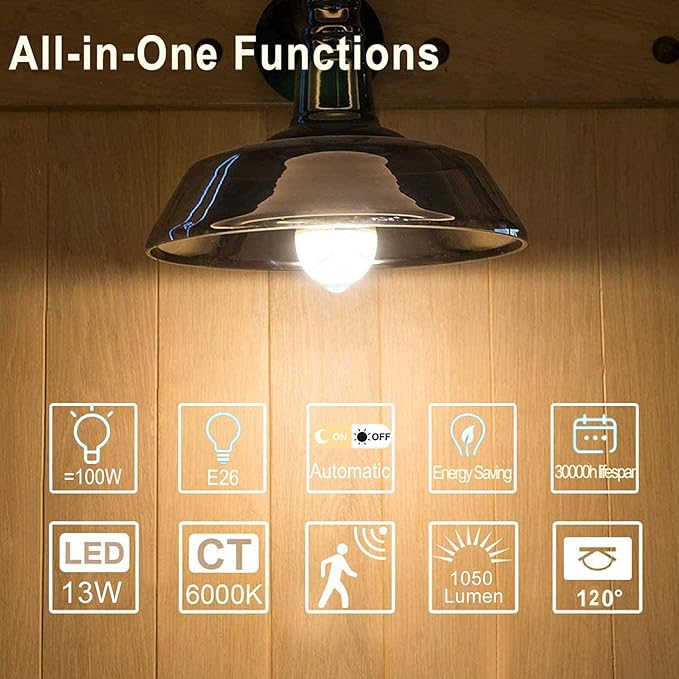 Motion Sensor LED Light Bulbs Outdoor, 13W(100W Equivalent) Dusk to Dawn Sensor Bulb PIR Infrared Motion Activated 5000K E26 A19 Auto On Security Bulb for Porch Stairs Hallway Garage Lighting 2 Pack