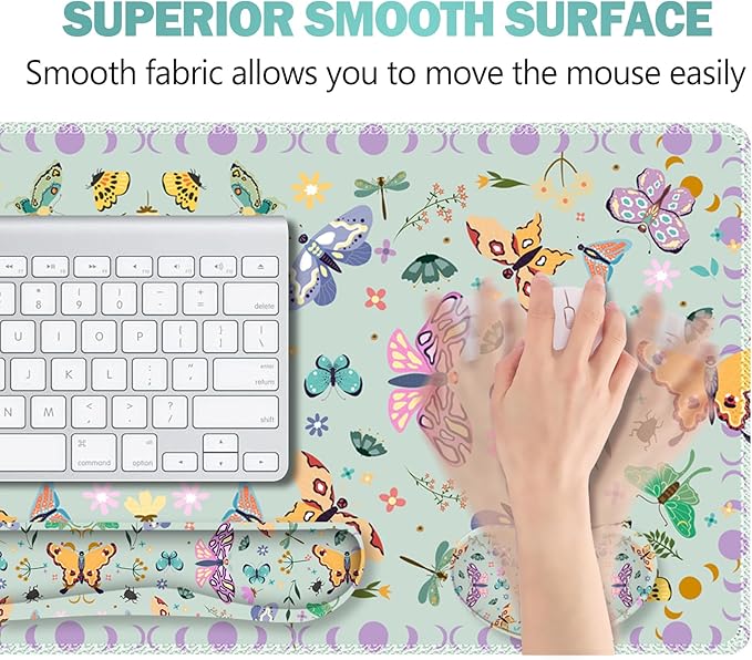 ARTSO Desk Mat Set, Aquamarine Extended Gaming Mouse Pad with Wrist Rest Support +Keyboard Wrist Rest +Coaster, Large Cute Butterfly Mousepad for Office, Home