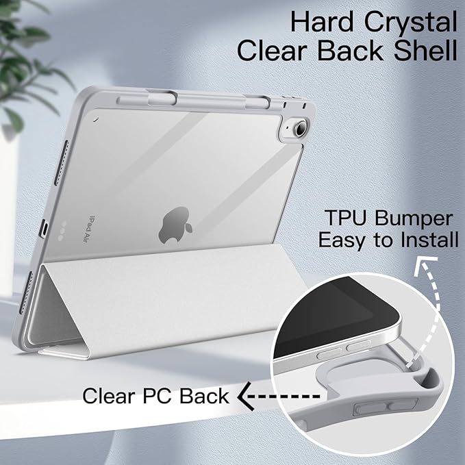 JETech Case ONLY for iPad Air 11-Inch M4/M3/M2 (2026/2025/2024), iPad Air 5/4 (2022/2020 5th/4th) with Pencil Holder, Clear Transparent Back Slim Stand Shockproof Tablet Cover (Silver)