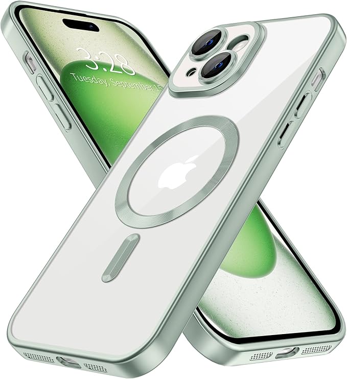 Hython Magnetic Clear for iPhone 15 Plus Case with Camera Lens Protector [Compatible with MagSafe] Luxury Plating Edge Slim Soft TPU Cover Protective Phone Case for iPhone 15 Plus 6.7", Matte Mint