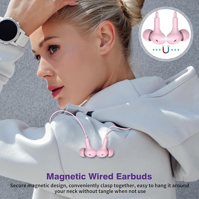 USB C Headphones for iPhone 17 16 15 Plus/Galaxy S26 S25 Wired Earbuds with Microphone for Samsung S24 S23 S22 S21 S20 Ultra, Magnetic Noise Canceling in-Ear Type C Earphone for iPad 10/Pixel 8a, Pink