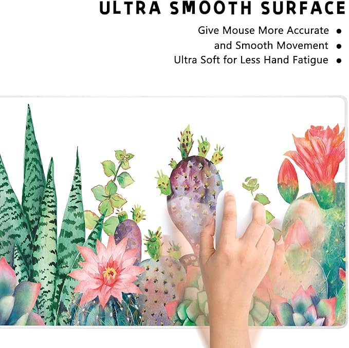 Extended Large Gaming Mouse Pad Watercolor Cactus XXL Size Keyboard Mouse Mat Desk Pad with Non Slip Rubber Base Stitched Edges Office Decor for Women Girls Men,35.4 x 15.7inch