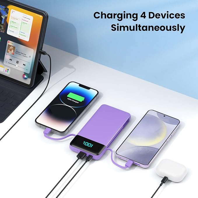Portable Charger for iPhone,13800mAh Slim Power Bank with Built-in Cables & AC Wall Plug,All in One 4 Outputs USB C Fast Charging Battery Pack for iPhone 17/16/15/14,Android,Travel Essential (Purple)