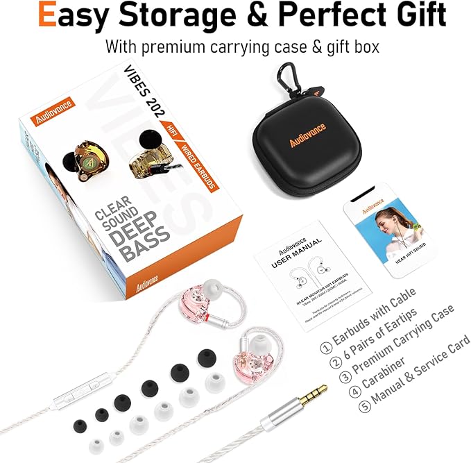 Vibes 202M Wired Earbuds - HiFi in Ear Monitor Headphones - Noise Isolating Ear Buds w/ Mic - Clear Sound, Deep Bass & Comfort-Fit Gaming Earphones - MMCX to 3.5mm & Silver Plated Cord, Carrying Case