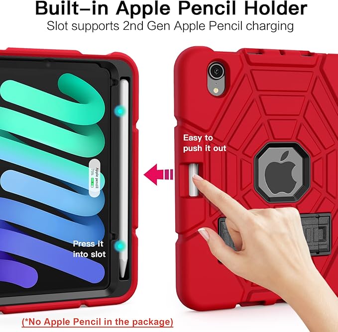Grifobes Case for iPad mini 7th 2024 (A17 Pro) / Mini 6th Generation 2021 8.3", Heavy Duty Shockproof Cover with Pencil Holder Stand, for i Pad Mini 7/6 Gen 8.3 inch Case (Red+Black)
