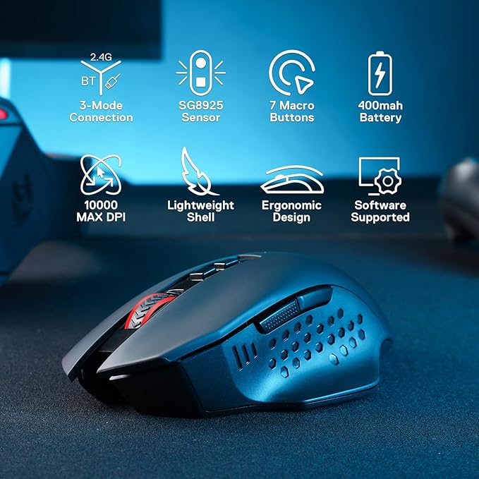 Redragon M656 MAX 3-Mode Wireless Gaming Mouse, 10000 DPI Rechargeable Gaming Mice w/ 5 DPI Levels, 7 Macro Buttons, RGB Backlight & Pro Software Supported, for PC/Mac/Laptop