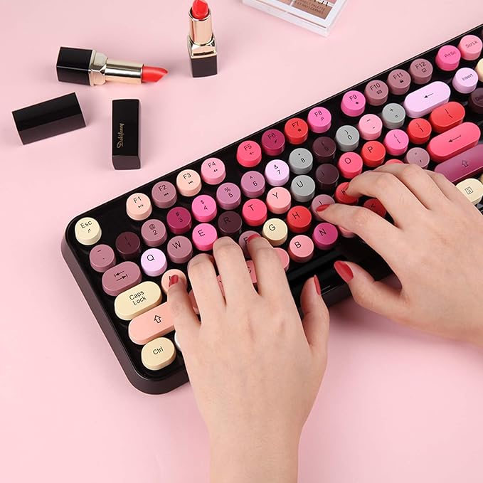 Colorful Keyboard and Mouse Wireless, Retro Lipstick Typewriter Style Keyboard with 104 Round Keys, 2.4Ghz Cute Aesthetic Cool Full Size Keyboard with Number Pad for PC Laptop Desktop Computer-Black
