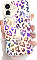 KANGHAR Compatible with iPhone 16 Case, Support for MagSafe, Silicone Cute Iridescent Leopard Cheetah Pattern, Wristband Kickstand Shockproof Protective Slim Cover for Women Girls, White