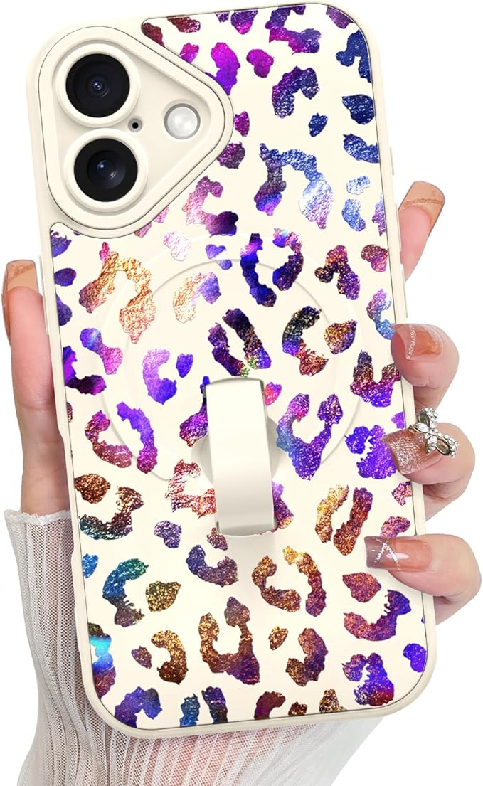KANGHAR Compatible with iPhone 16 Case, Support for MagSafe, Silicone Cute Iridescent Leopard Cheetah Pattern, Wristband Kickstand Shockproof Protective Slim Cover for Women Girls, White