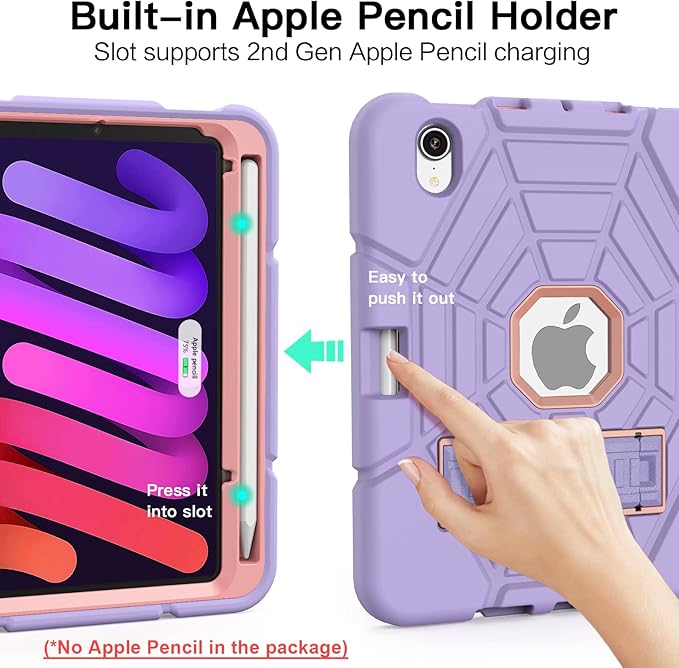Grifobes Case for iPad mini 7th 2024 (A17 Pro) / Mini 6th Generation 2021 8.3", Heavy Duty Shockproof Cover with Pencil Holder Stand, for i Pad Mini 7/6 Gen 8.3 inch Case (Purple+Pink)