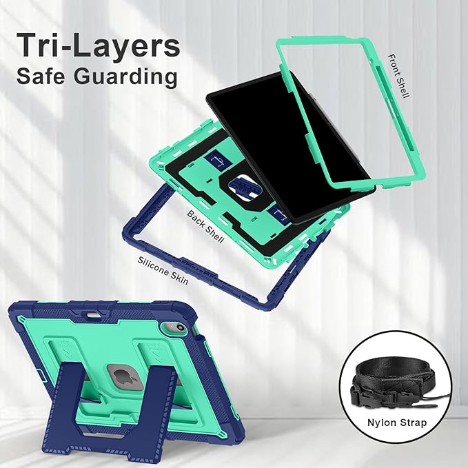 Kids Friendly Case for iPad Air 13 Inch M4 M3 M2 2026/2025/2024 Case with Pencil Holder & Shoulder Strap, Military Grade Shockproof Kickstand Hard Shell Protective Cover,Blue+Mint