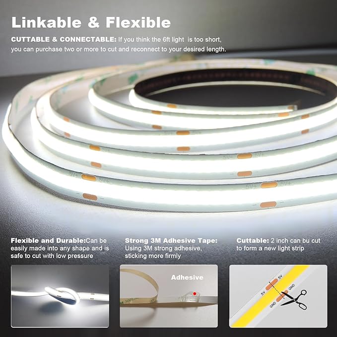5V COB LED Strip Lights USB Powered Dimmable 6500K White CRI93+ 6 ft Dotless LED Tape Light with Dimmer, Flexible Cuttable COB Strips for Sewing Machine 3D Printer Desk TV DIY Cabinet Lighting