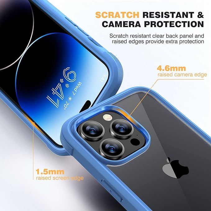 Diaclara Designed for iPhone 14 Pro Case 6.1’’, Full Body Rugged Protective Case+ Camera Lens Protector w/Built-in Touch Sensitive Anti-Scratch Screen Protector, Bumper (Blue)