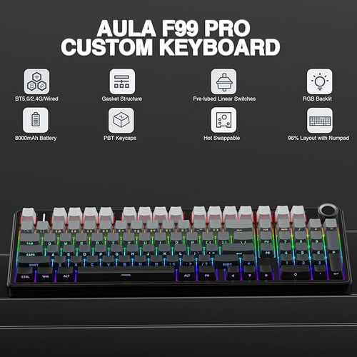 AULA F99 Pro Wireless Mechanical Keyboard with Knob,Gasket Structure,Tri-Mode BT5.0/USB-C/2.4GHz Hot Swappable Keyboard,Creamy Sound,RGB Backlit PBT Keycaps Computer Gaming Keyboards