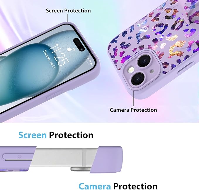 KANGHAR Compatible with iPhone 15 Case, Support for MagSafe, Silicone Cute Iridescent Leopard Cheetah Pattern, Wristband Kickstand Shockproof Protective Slim Cover for Women Girls, Purple