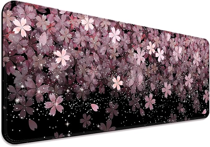 Japanese Cherry Blossom Gaming Desk Mat, Computer Keyboard Large Extended Flowers Mouse Pad for Office and Home, 31.5×11.8 Inches, XL, Black