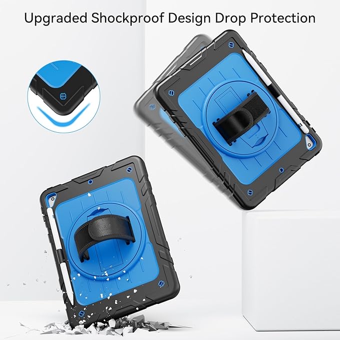 Case for iPad 6th/5th Generation 9.7'' with Screen Protector Pencil Holder [360 Rotating Hand Strap] &Stand, Drop-Proof Case for iPad 6th/5th/ Air 2/ Pro 9.7 (Black&Sky Blue)