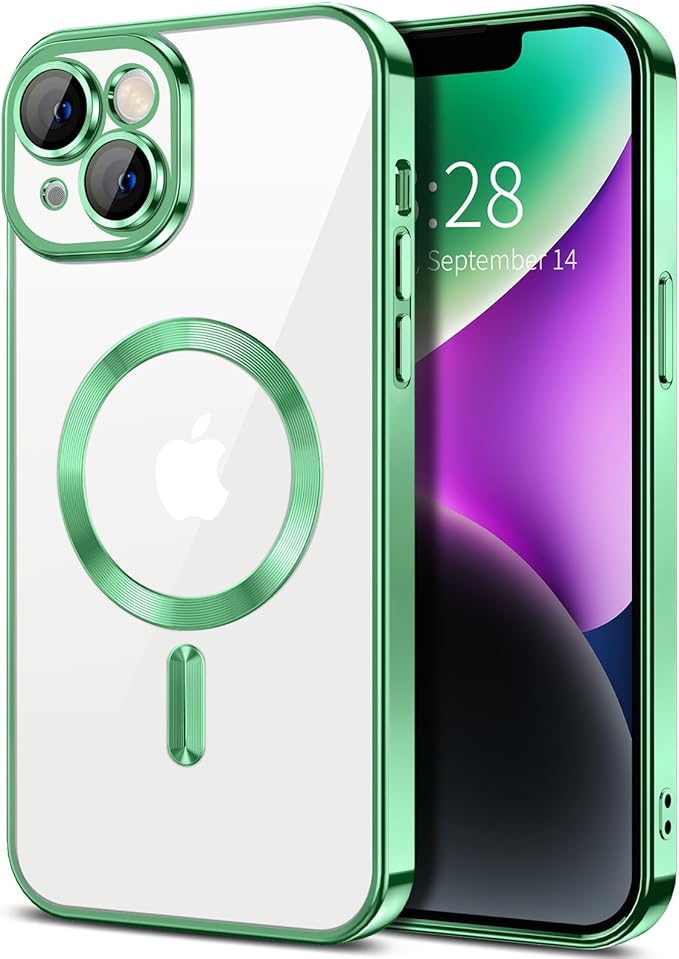 Hython Magnetic Clear for iPhone 14 Case with Camera Lens Protector [Compatible with MagSafe] Luxury Plating Edge Slim Soft TPU Cover Protective Phone Case for iPhone 14 6.1", Light Green