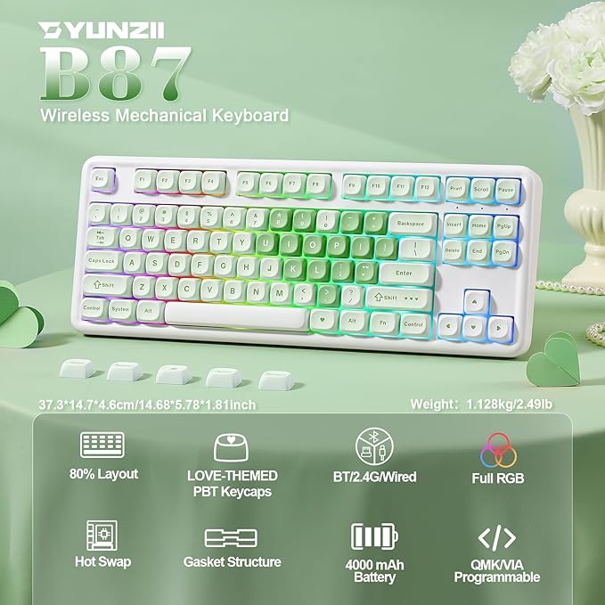 YUNZII B87 Wireless Mechanical Keyboard,QMK/VIA Programmable,TKL Layout 87 Keys,BT/2.4G/USB-C,Hot Swap Gasket Mount RGB Backlit Gaming with Wrist Rest for Win/Mac (Matcha Heart, Milk V2)