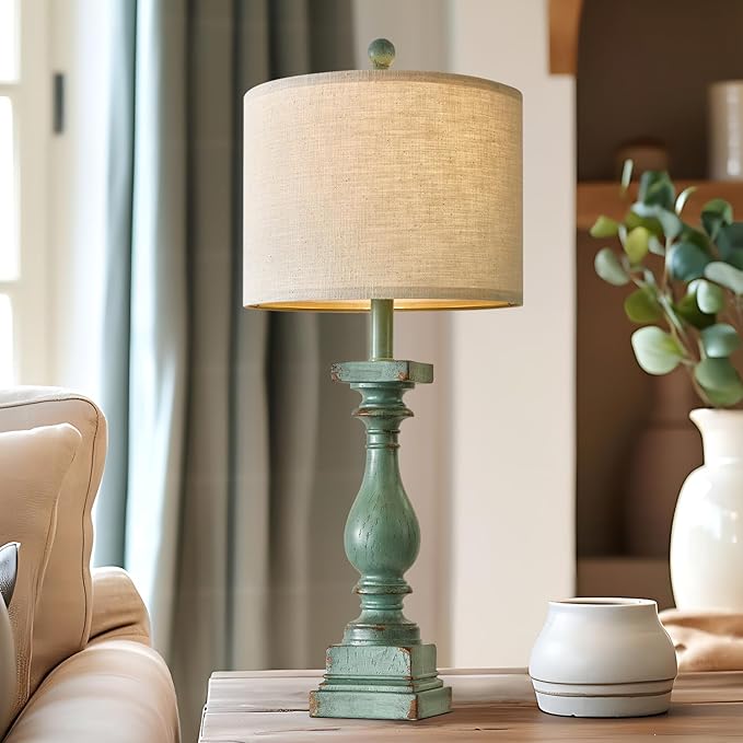 BOBOMOMO 27" Farmhouse Table Lamp Set of 2 with USB A+C for Bedroom Living Room Vintage Rustic Traditional Nightstand Bedside Lamps Retro Side Table Lamps (Green)