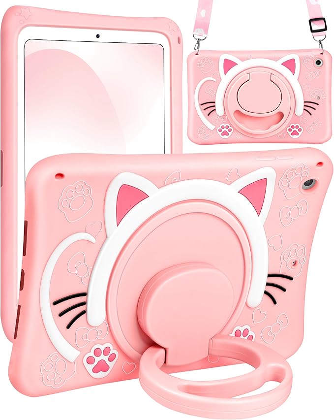 Wazzasoft for iPad 9th/8th/7th Generation Case 10.2 Inch Cute Girls Kawaii Cover Girly 3D Cat Cartoon Women with Rotating Handle Stand & Strap Soft Silicone Funda for Apple iPad Cases 9th/8th/7th Gen