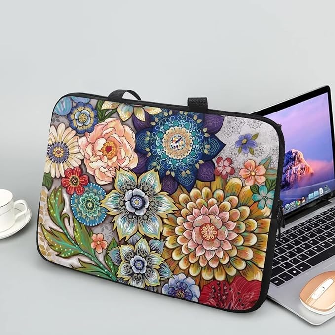 10 Inch Boho Flowers Laptop Sleeve for Women Girl, Slim Water Resistant Computer Carrying Case with Handle, Durable Protective Laptop Tote Bag Cover Compatible with Tablet/Notebook/Reader
