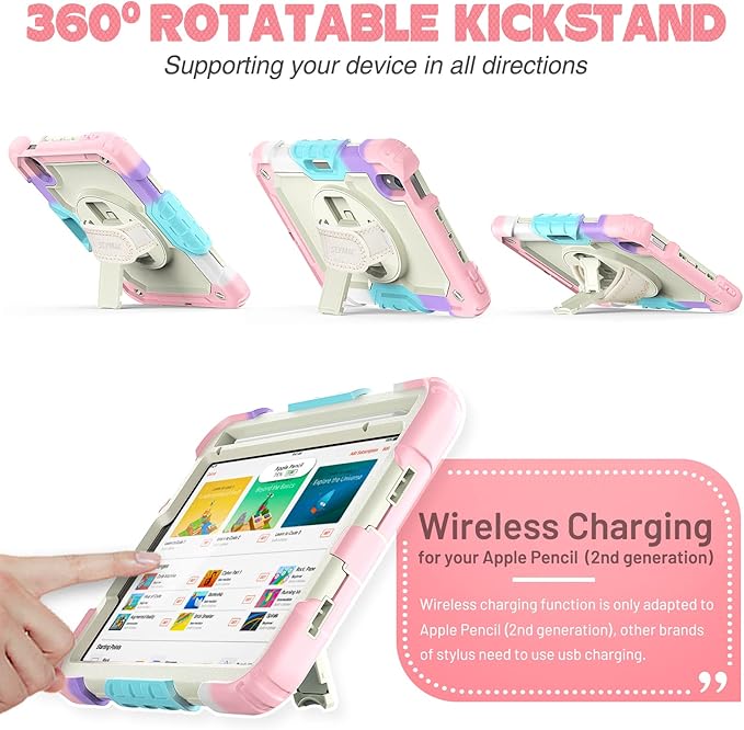 SEYMAC stock Case for iPad Mini 7 (A17 Pro)2024/ Mini 6 8.3'' with Screen Protector Pencil Holder [360 Rotating Hand Strap] &Stand, Drop-Proof Case for iPad Mini 7th/6th Generation 8.3",Yellowish+Pink
