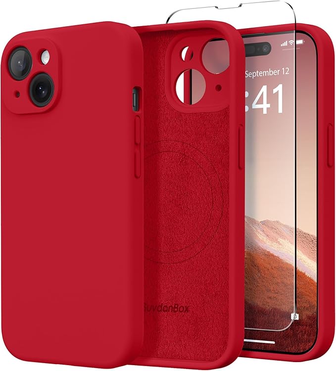 Magnetic for iPhone 14 Case, Compatible with MagSafe, [Full Camera Protection][Screen Protector] Silicone Shockproof Protective Phone Case for iPhone 14 6.1 inch, Deep Red