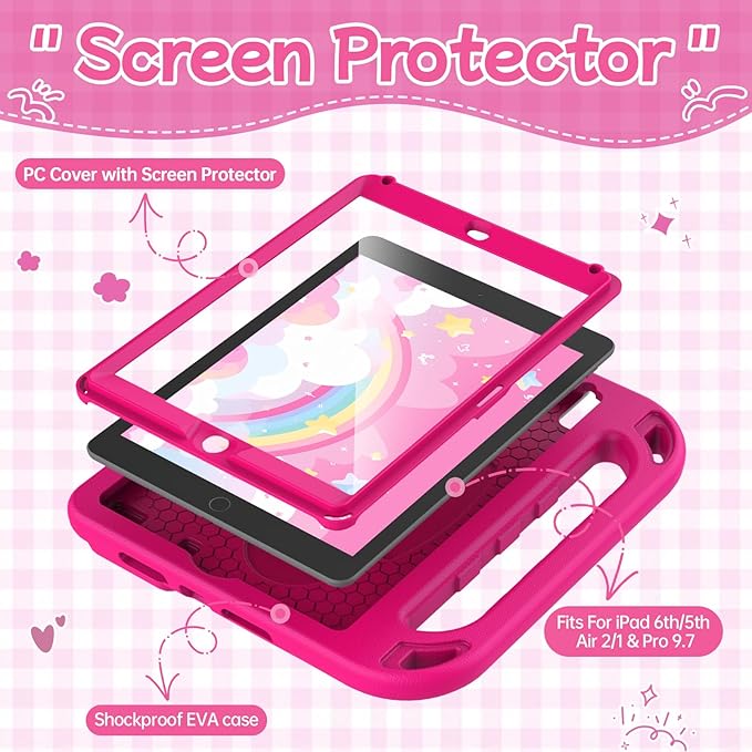 BMOUO Kids Case for iPad 6th/5th Generation (iPad 9.7-inch, 2017/2018), iPad 9.7/Air 2 Case with Screen Protector, Shockproof Handle Stand iPad 6th 5th Generation Cases for Kids, Rose