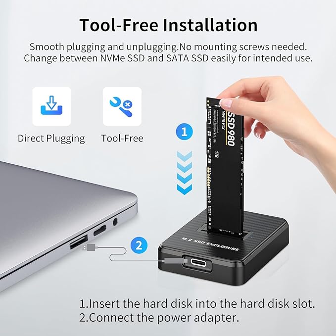 M.2 NVME SATA SSD Enclosure Adapter, 10Gbps USB 3.2 Gen 2 USB C External, Aluminium Alloy Housing, Supports M.2 (M Key) NVMe & (B+M Key) SATA SSDs, Plug and Play External Storage Solution