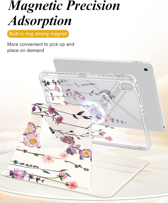 Shorogyt for iPad A16 11th Generation 11 inch 2025 /for i Pad 10th Generation case Magnetic Stand for Women - Cute Design 360 Degree Rotating Covers Girls Girly with Pencil Holder,Little Flower