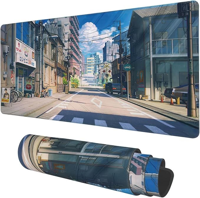 Desk Mat, Anime Summer Street Scenery Extended Gaming Mouse Pad Large, 35.4"x15.7" Big Mouse Pad with Non-Slip Base and Stitched Edge, Long Computer Keyboard Mouse Mat for Home Office Work