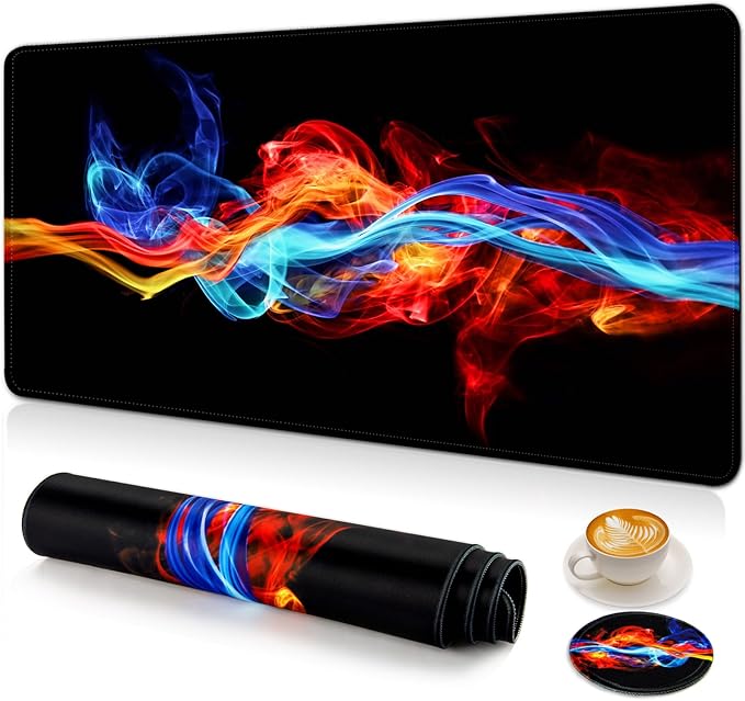 Large Gaming Mouse Pad with Coaster, Desk Matt for Desktop, Desk Pad, Mouse Pads Mat, Stitched Edges Big Extended Mousepad for Computer Keyboard Laptop Office Decor, 31.5'' x15.6''-Ice and Fire