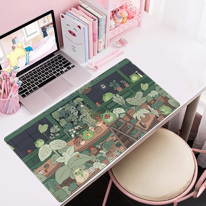 Cute Frog Mouse Pad Desk Pad Kawaii Green Desk Decor Mat, Large Gaming Mouse Pad for Desk Computer Keyboard Laptop, Home Office Accessories for Girl (31.5x15.7 in)-with Stitched Eges Pad
