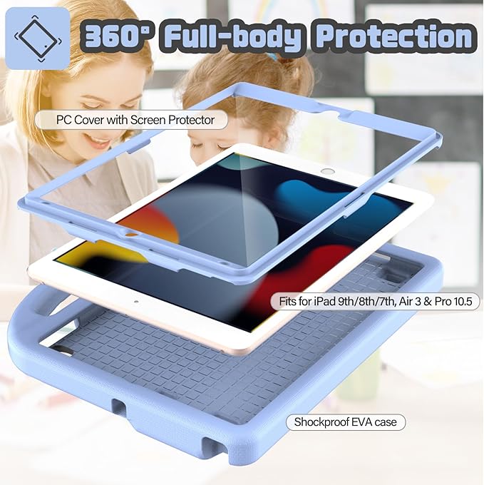 YIHE Kids Case for iPad 9th/8th/7th Generation, iPad Pro 10.5 & Air 3, Shockproof Protective Cover with Handle Stand & Screen Protector for 10.2/10.5 Inch iPads, Light Blue
