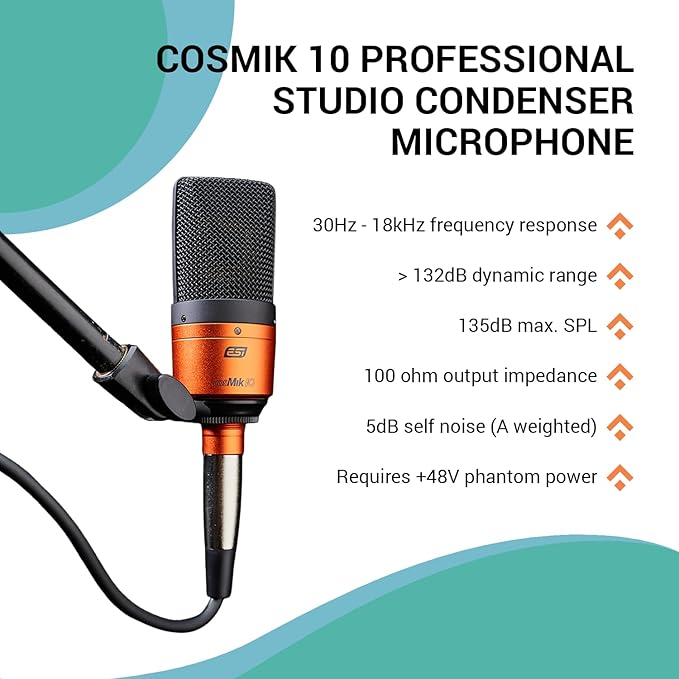 ESI cosMik 10 Studio Condenser Mic: Cardioid, Low Noise, Ideal for Vocals, Instruments, Streaming, with Stand & Cable