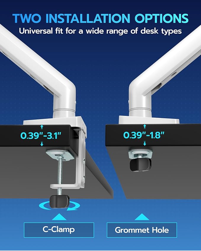 ARES WING Heavy Duty Single Monitor Arm - Fully Adjustable Monitor Mount for 17"-40" Ultrawide Screens up to 26.4 lbs with Clamp/Grommet Desk Mount and USB A/C, 75/100 Vesa Mount, White