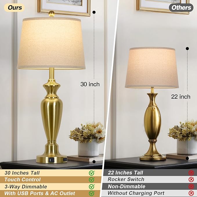 Cinyirong 30" Tall Gold Table Lamps Set of 2, Touch Control Bedside Lamp with USB A+C Ports and AC Outlet, 3-Way Dimmable Modern Metal Nightstand Lamp for Bedroom Living Room, 2 LED Bulbs Included