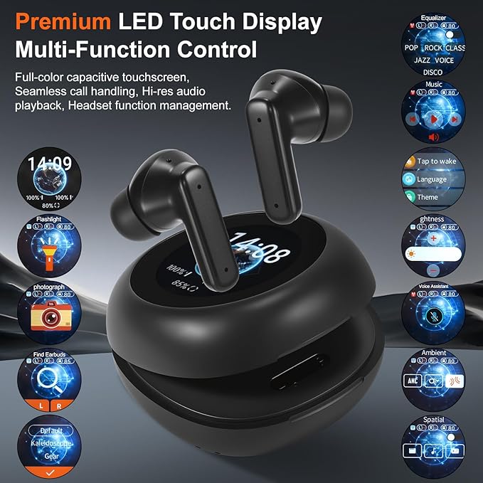 Wireless Earbuds, ANC/ENC Noise Cancelling Earbuds with Touch Screen, Bluetooth 5.4 Ear Buds with LED Charging Case, 40H Stereo Sound, IPX7 Waterproof Earphones with 6 EQ Modes for iOS Android (Black)