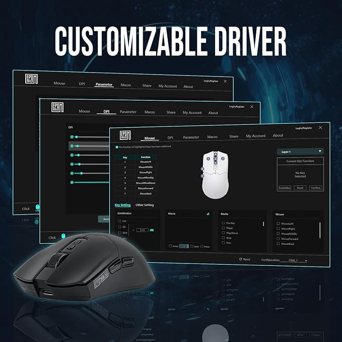EPOMAKER Click Gaming Mouse Wireless 2.4Ghz/BT/Type-C, 800 to 42,000 DPI Adjustable, 8K Polling Rate, 500mAh, Lightweight Optical Mouse, for PC/Mac/Linux (Black)