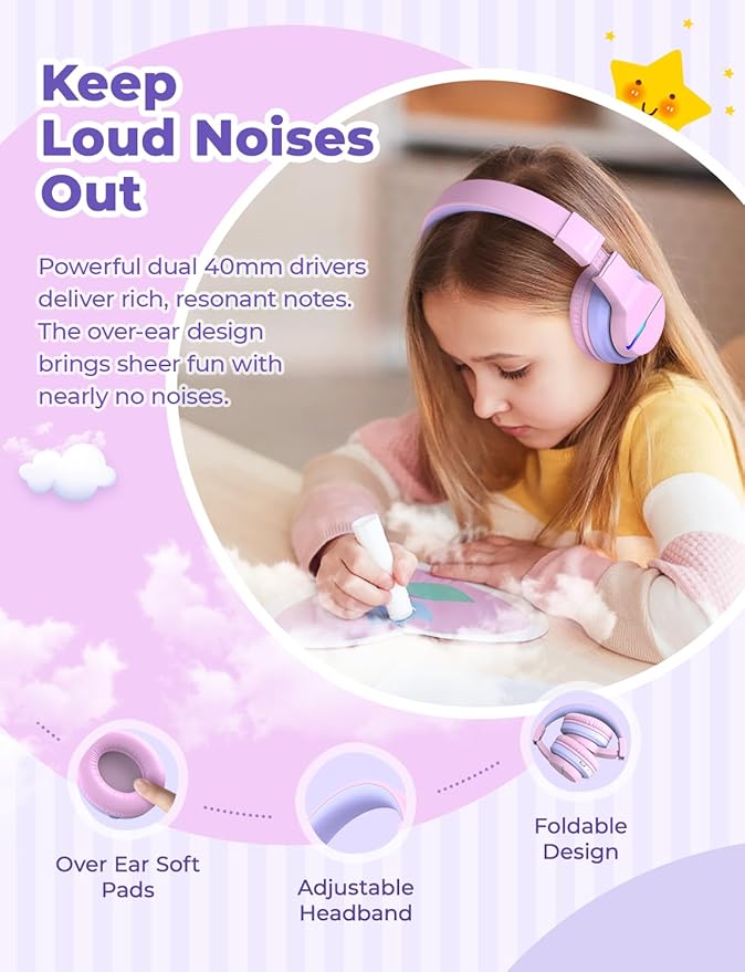 iClever BTH12 Kids Bluetooth Headphones 2 Pack,Colorful LED Lights,74/85dBA Safe Volume,85H Playtime,Bluetooth 5.2,Over Ear Kids Headphones Built-in Mic for iPad/Tablet/Airplane, Pink & Black