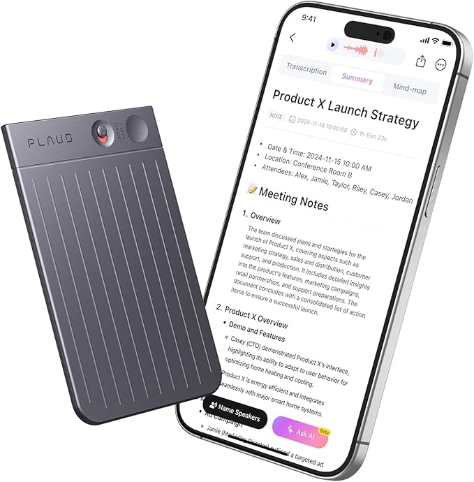 Plaud Note AI Voice Recorder Black with Black Case, App Control, AI Transcribe & Summarize, Support 112 Languages, 64GB Memory, Audio Recorder for Lectures, Meetings, Calls, Non-Pro Version