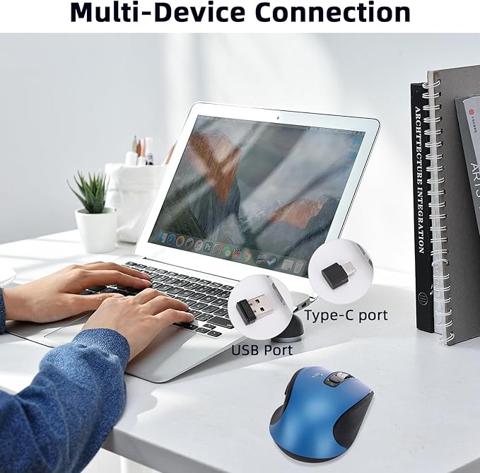 Wireless Bluetooth Mouse with USB-A, USB-C Receiver, Rechargeable, 3-Device, Full-Size, Silent Click, Ergonomic Mice for MacBook/Laptop/Computer/Tablet/PC/iPad-Blue