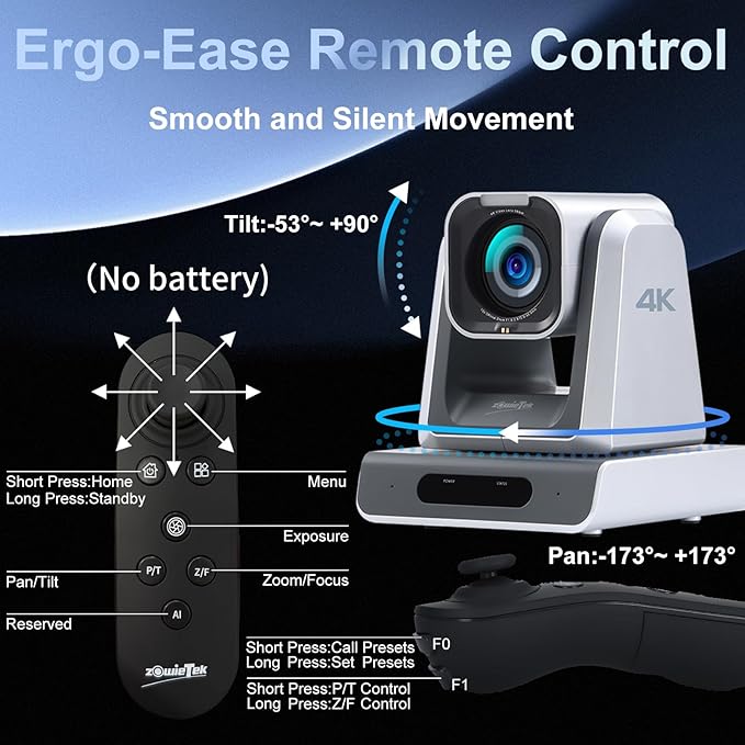 zowietek 4K PTZ Camera, ZowiePTZ, Ergo-Ease Remote Control(No Battery), ZowieX APP Manager, 25X Optical+12X Digital Zoom, SDI/HDMI/USB, RTSP/RTMP(s)/SRT Stream, Meeting, Church, Event, Teaching