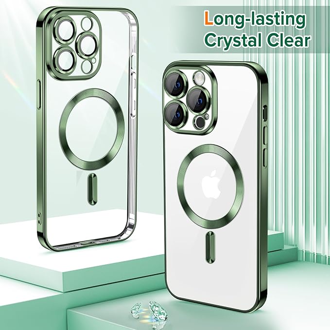 Hython Magnetic Clear for iPhone 12 Pro Case with Camera Lens Protector [Compatible with MagSafe] Luxury Plating Edge Slim Soft TPU Cover Protective Phone Case for iPhone 12 Pro 6.1", Deep Green