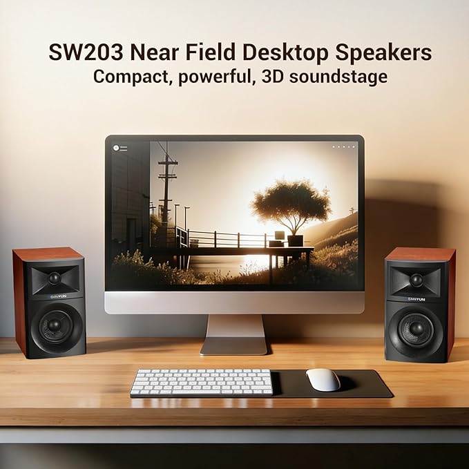 Sanyun SW203 2.0 Desktop Computer Speakers - Near-Field 3D Stereo with Vertical Imaging - 60W Triple-DSP Dual Independent Drive - 24bit USB-C DAC Bluetooth 5.4 AUX, HiFi PC Gaming (Pair, Cherry)